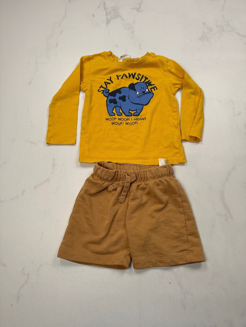 H&M Pawsitive T Shirt Shorts Mustard Modern Piece Bundle of 2 - Boys 3/4T